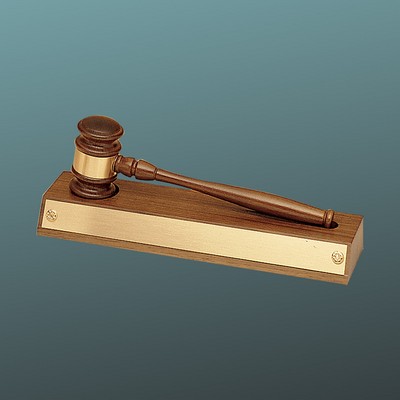 Walnut Gavel Base with Gold Plate and Removable Gavel with Gold Band, 11-1/2" x 3"H